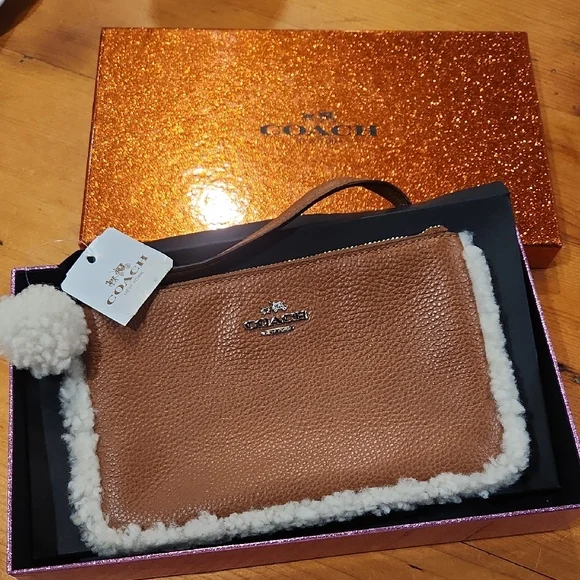 Coach Tan Wristlet with White Shearling Accent - Picture 1 of 5
